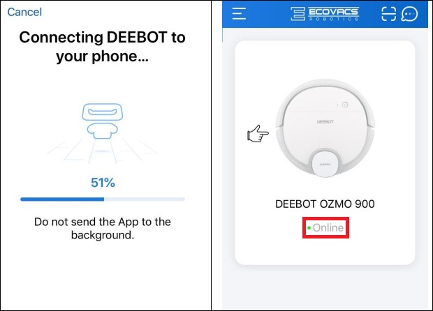 Bạn đã kết nối thành công khi robot hút bụi hiện dấu tích xanh online