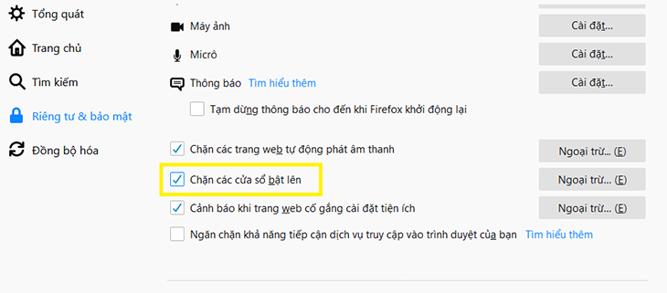 tick vào ô Chặn các cửa sổ bật lên