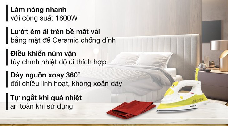 Bàn ủi hơi nước Sunhouse SHD2067 1800W có chức năng tự ngắt khi quá nhiệt, đem lại yên tâm cho người dùng khi sử dụng