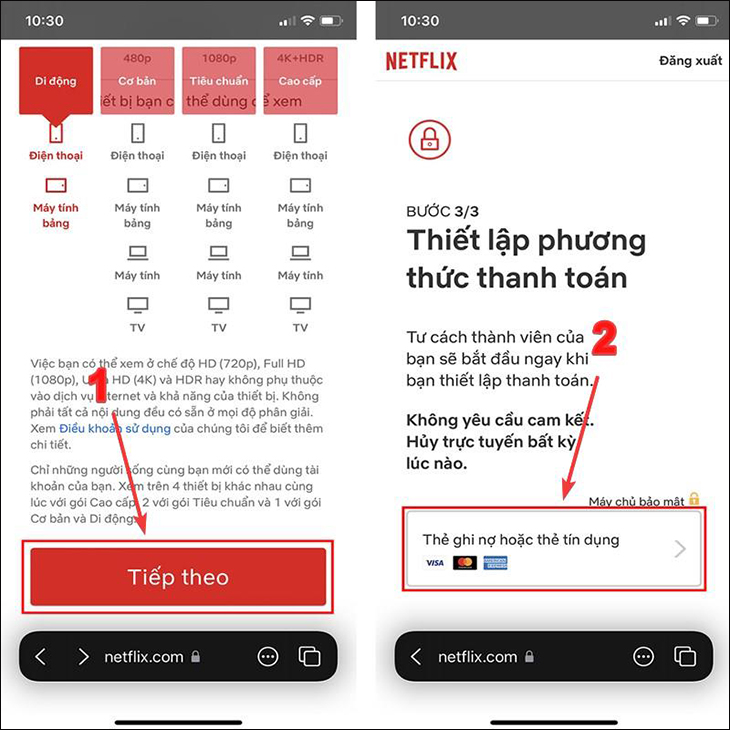 Chọn phương thức thanh toán gói dịch vụ Netflix