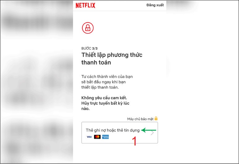 Chọn phương thức thanh toán là qua thẻ ghi nợ hoặc thẻ tín dụng