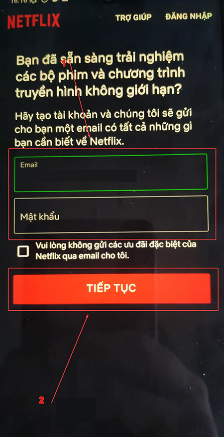 Điền mật khẩu của tài khoản Email dùng để đăng ký tài khoản và chọn