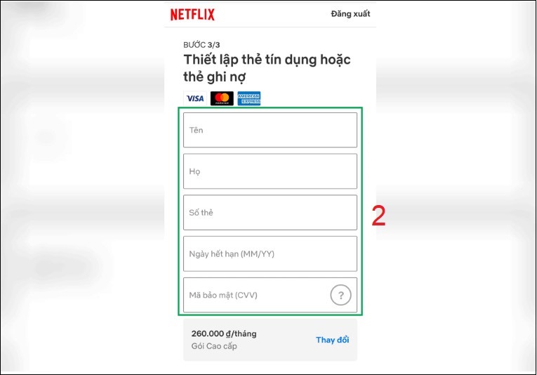 Nhập thông tin của Thẻ tín dụng hoặc thẻ ghi nợ