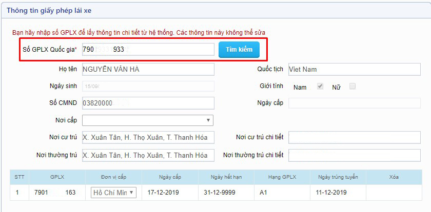 Mục Thông tin giấy phép lái xe
