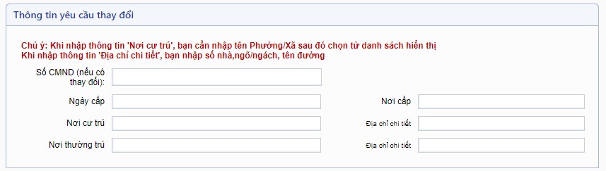 Mục thông tin yêu cầu thay đổi: