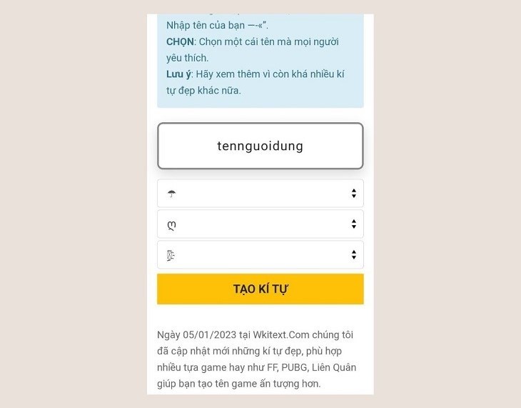 Bạn vào trang web Vkitext và nhập tên, các kí tự đặc biệt