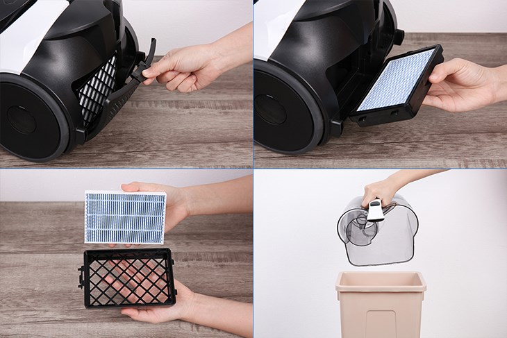 Trước khi cất máy, bạn cần dọn sạch rác và bụi bẩn bên trong khay chứa bụi