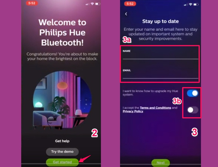 khởi chạy ứng dụng, bấm get starts, đăng kí tên và email