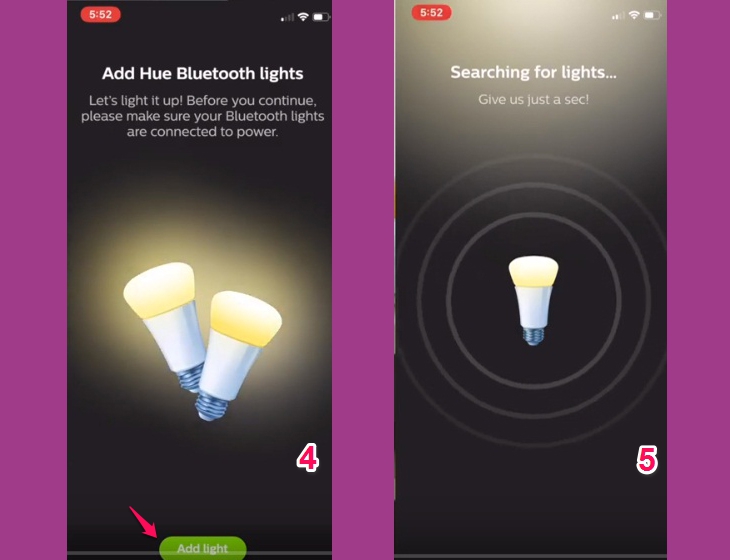 nhấn nút Add Light, ứng dụng bắt đầu tìm kiếm thiết bị