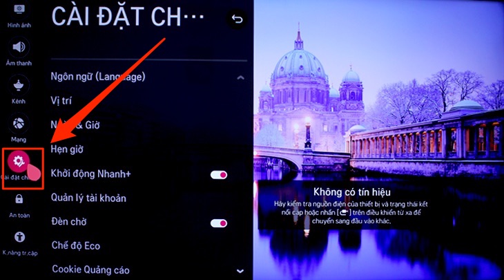 Phần cài đặt trên tivi LG