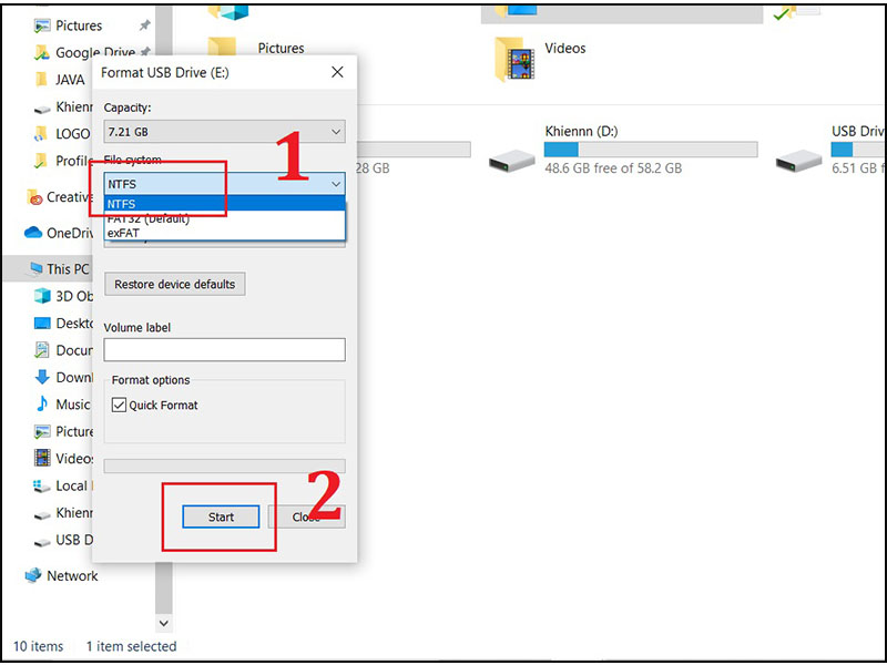 Sau đó chuyển định dạng thẻ nhớ của bạn sang NTFS > Chọn OK để hoàn thành