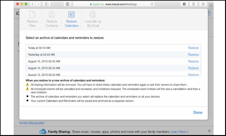 Restore Calendars and Reminders trên icloud