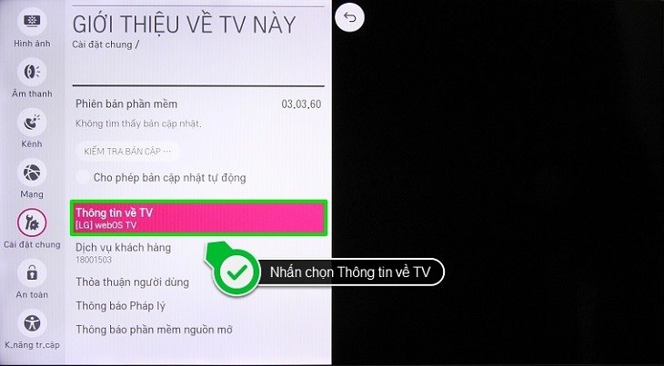 Chọn Thông tin về TV để biết các thông tin của tivi