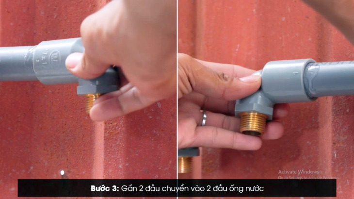 Gắn 2 đầu chuyển vào 2 đầu ống nước.
