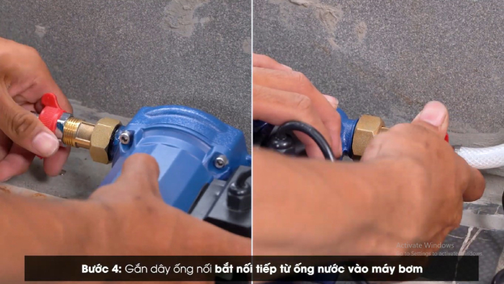 Gắn dây ống nối bắt nối tiếp từ ống nối nước vào máy bơm.