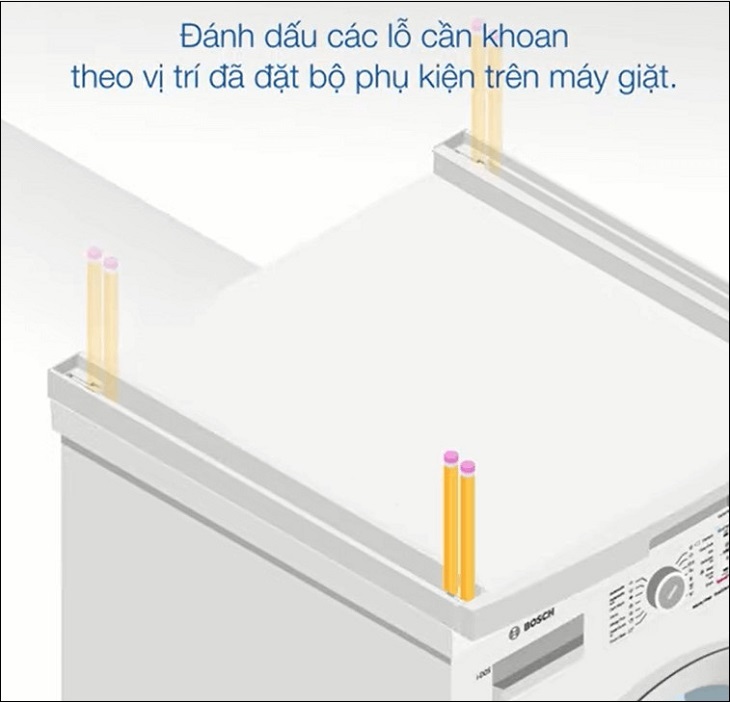đánh dấu các lỗ khoan theo vị trí đã đặt bộ phụ kiện trên máy giặt.
