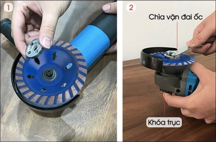 Lắp đai ốc hãm vào trục quay của máy mài góc cầm tay Kachi MK-190 850W