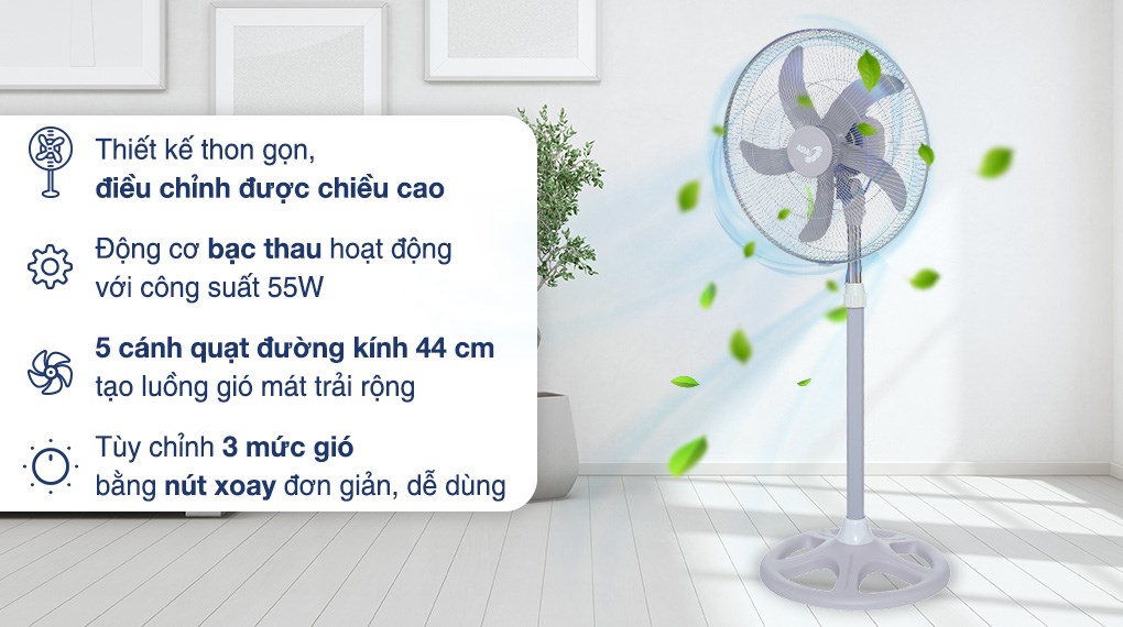 Quạt đứng Asia 5 cánh VY539790 với công suất 55W, giúp quạt hoạt động hiệu quả, làm mát tối ưu