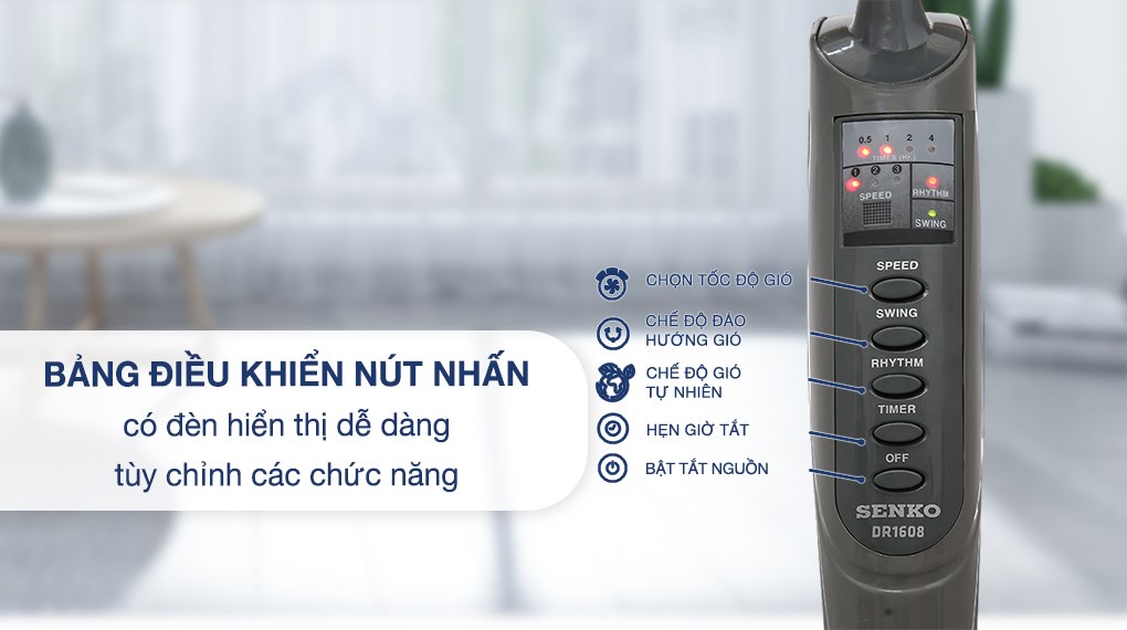 Quạt đứng Senko 7 cánh DR1608 65W với bảng điều khiển nút nhấn, dễ dàng vệ sinh khi cần
