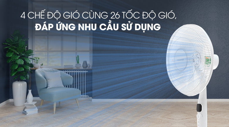 Quạt đứng Toshiba 9 cánh DC inverter F-LSD10(W)VN 30W với 26 mức gió, giúp bạn linh hoạt điều chỉnh theo nhu cầu sử dụng