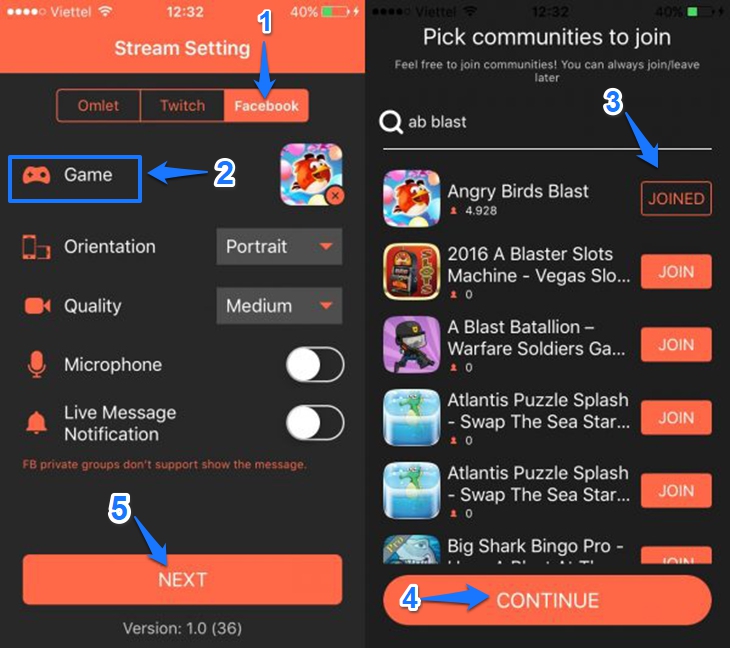Live stream game lên facebook trên iOS- bước 2