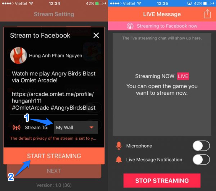 Live stream game lên facebook trên iOS- bước 3