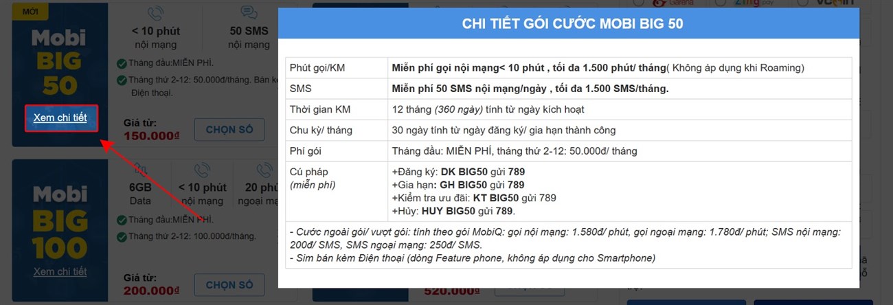 Nhấn Xem chi tiết gói cước