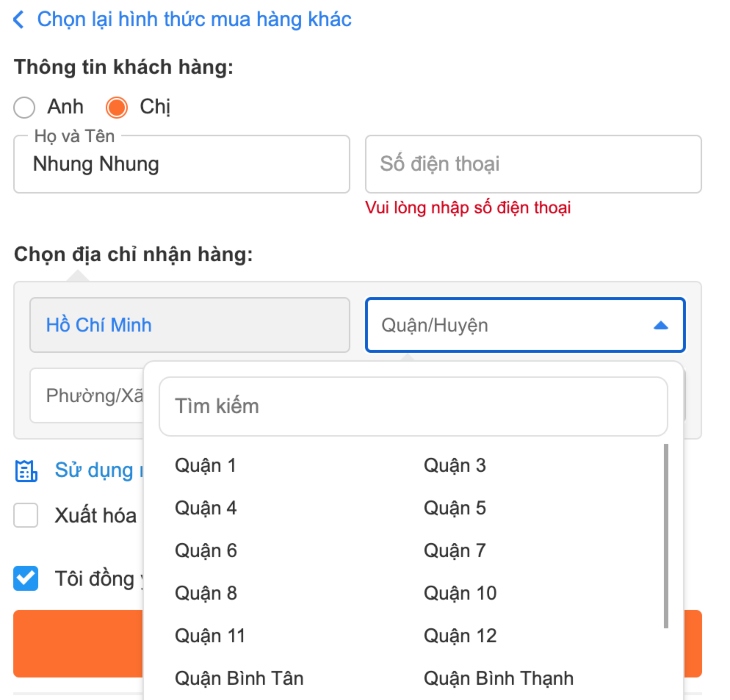 Nhập thông tin cần thiết để đặt hàng