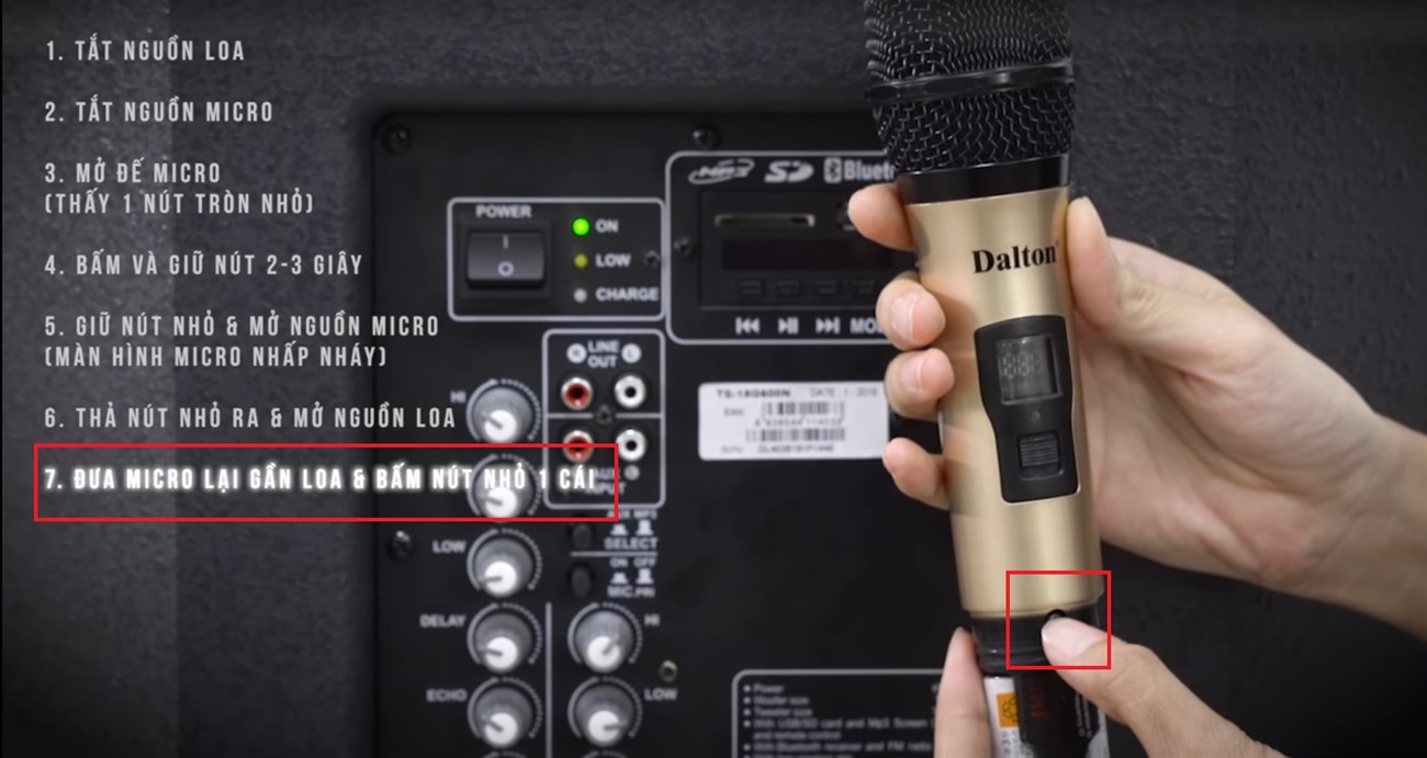 Bước 7: Đưa micro lại gần loa và bấm nút nhỏ > Loa và micro sẽ kết nối với nhau.