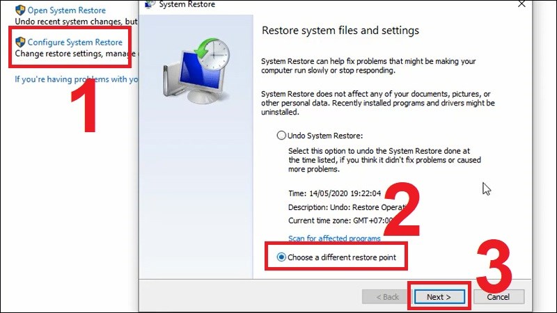 Chọn Configure System Restore sau đó bạn chọn mục Choose a different restore point.