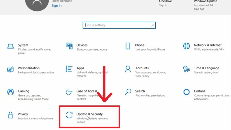Chọn vào mục Update & Security.