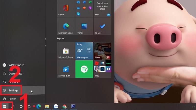 Truy cập góc trái màn hình mục Start trên Windows > Nhấn vào Settings.