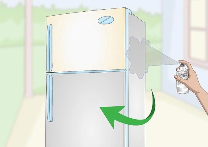 Lắc đều chai sơn trong 1 phút và xịt lớp sơn lót đều khắp bề mặt tủ