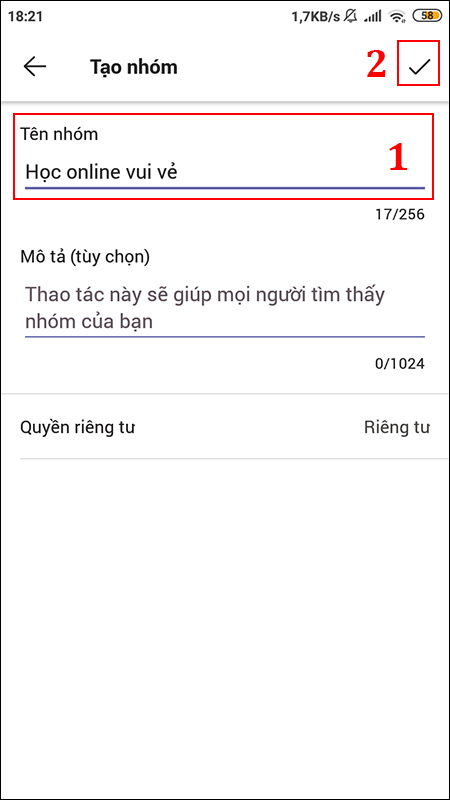 Bạn nhập Tên nhóm rồi bấm dấu tick bên góc phải màn hình.