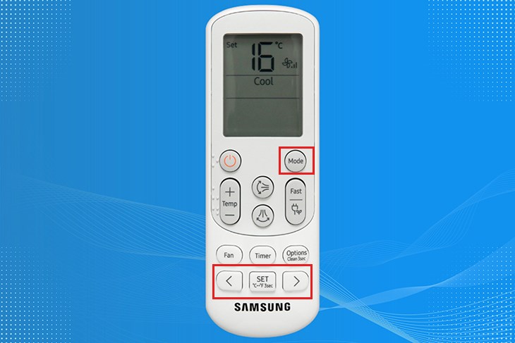 Khi điều hòa khởi động, nhấn chọn nút Mode, sau đó nhấn mũi tên <,> và chọn nút SET