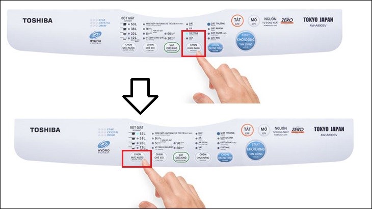 Các bước tùy chỉnh chế độ chọn mức nước để giặt chăn màn trên máy giặt Toshiba