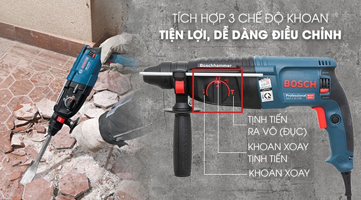 Máy khoan búa điện Bosch GBH 2-26 DRE 800W được trang bị 3 chế độ khoan là: khoan xoay, khoan xoay tịnh tiến và đục giúp người dùng sử dụng linh hoạt
