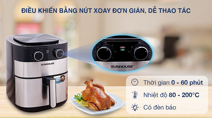 Nồi chiên không dầu Sunhouse SHD4026 6 lít có bảng điều khiển bằng núm xoay đơn giản, dễ thao tác