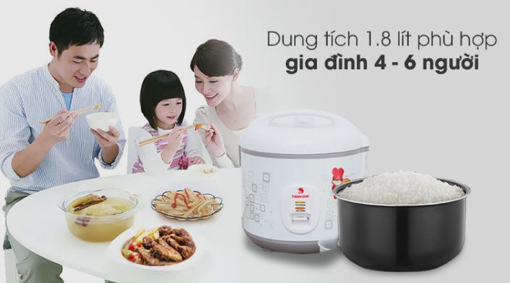 Nồi cơm nắp gài Happycook 1.8 lít HCJ-1822 sở hữu dung tích 1.8 lít, đáp ứng đủ nhu cầu nấu cơm cho gia đình từ 4 - 6 thành viên