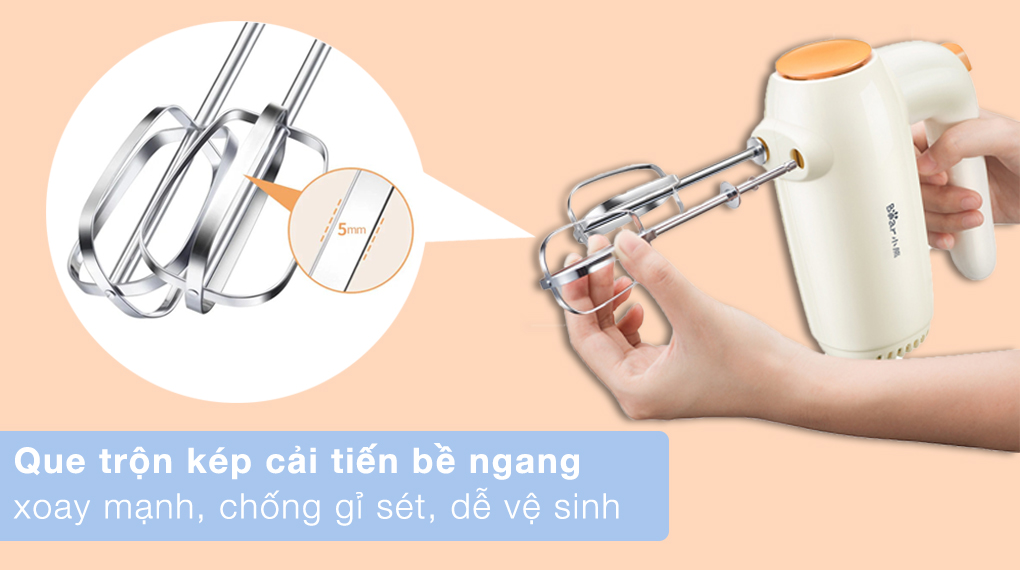 Máy đánh trứng cầm tay Bear DDQ-B01K1 có que trộn làm bằng thép không gỉ, bền bỉ và an toàn cho người dùng