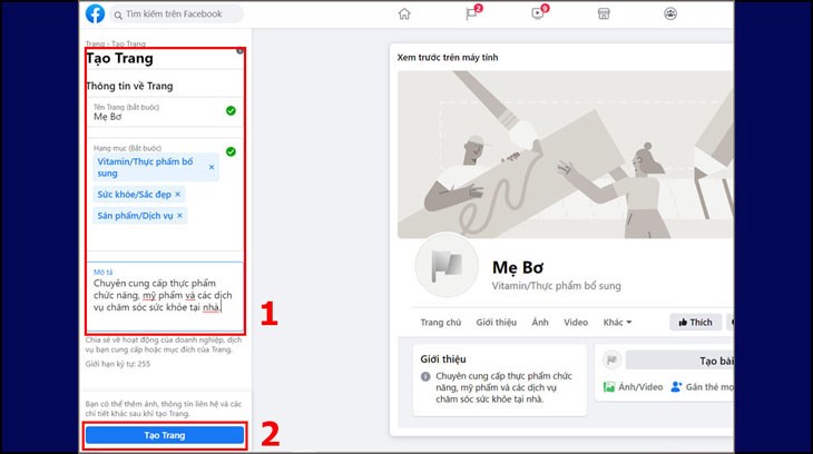 Điền các thông tin cơ bản để tạo Trang