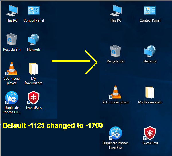 Hình ảnh các Icon trước và sau khi thay đổi khoảng cách