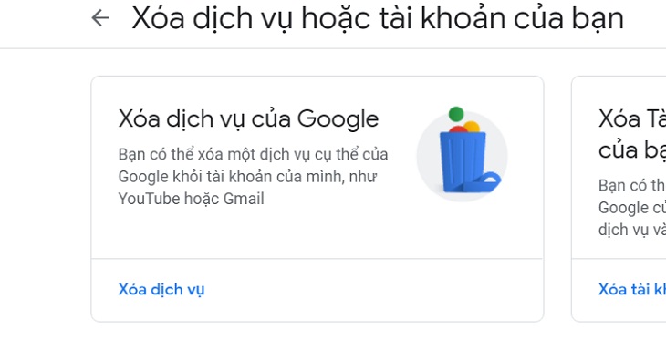 chọn xóa dịch vụ của google