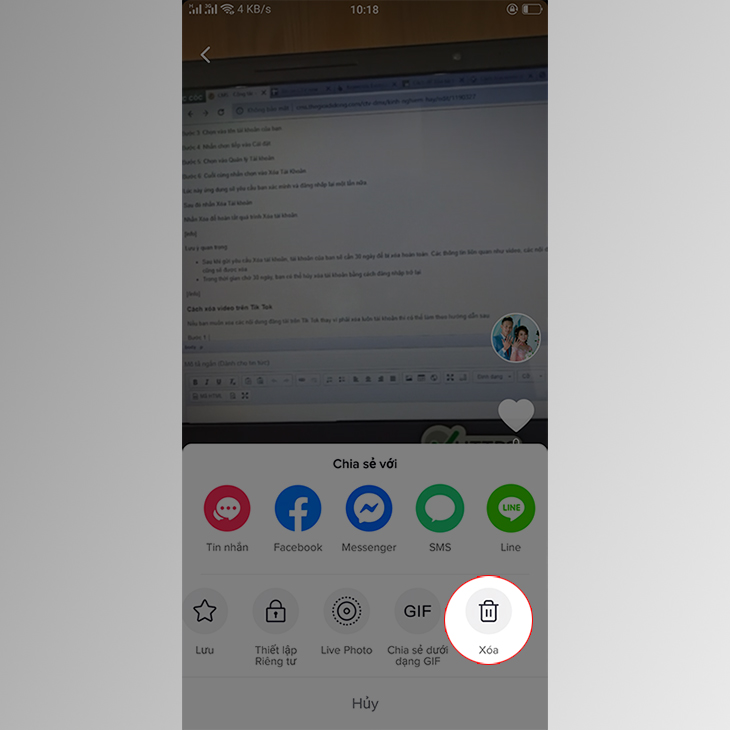 Nhấn Xóa để xóa video