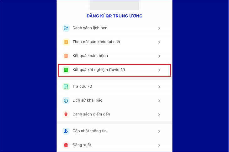 Chọn Kết quả xét nghiệm COVID-19 để xem kết quả