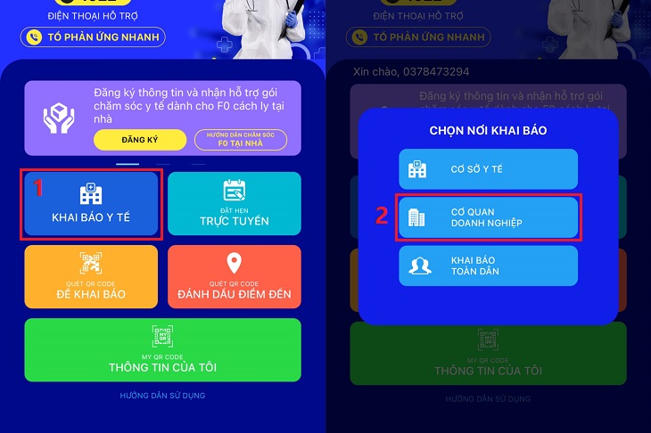 Chọn Khai báo y tế > Chọn Cơ quan doanh nghiệp