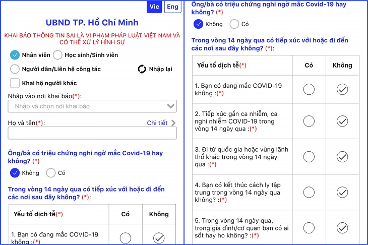 Điền thông tin cá nhân và khai báo dấu hiệu sức khỏe của mình trong 14 ngày gần nhất