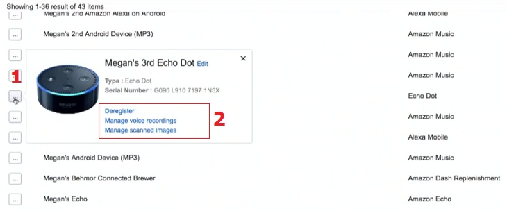 nhấp vào dấu ba chấm để mở danh sách các tùy chọn gồm có: Deregister, Delete voice recordings và Delete location history