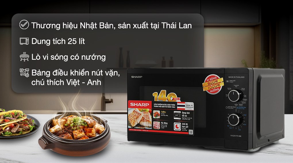 Lò vi sóng có nướng Sharp R-G251TV-BK 25 lít có thể rã đôn, hâm nóng, nấu, nướng, nướng kết hợp vi sóng với 3 chương trình rất tiện lợi