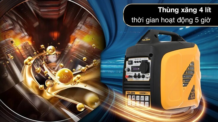 Máy phát điện chạy xăng Tolsen 79987 2200W có khả năng phát điện liên tục đến 5 tiếng cho gia đình bạn